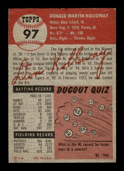 1953 Topps #97 Don Kolloway Philadelphia Athletics Crease Free EX HOF-10006382