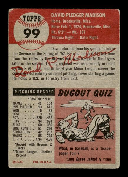 1953 Topps #99 Dave Madison Detroit Tigers Crease Free EX HOF-10006384