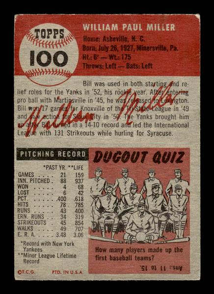 1953 Topps #100 Bill Miller New York Yankees Crease Free EX HOF-10006385