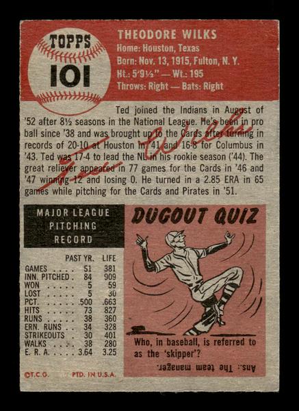 1953 Topps #101 Ted Wilks Cleveland Indians Crease Free EX HOF-10006386