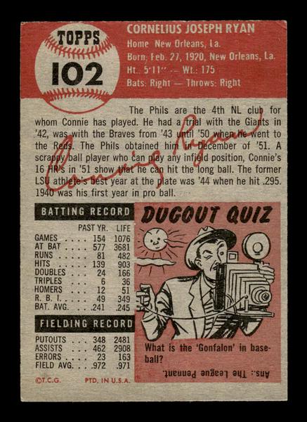 1953 Topps #102 Connie Ryan Philadelphia Phillies Crease Free EX HOF-10006387