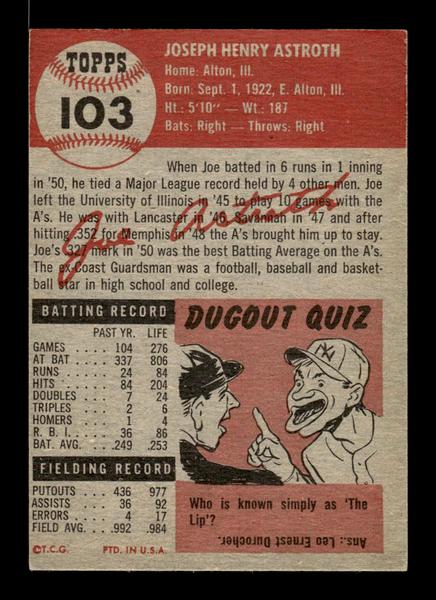 1953 Topps #103 Joe Astroth Philadelphia Athletics Crease Free EX HOF-10006388