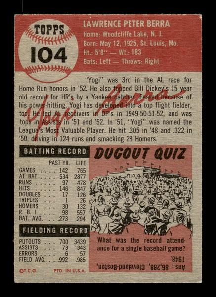 1953 Topps #104 Yogi Berra New York Yankees Crease Free EX HOF-10006389