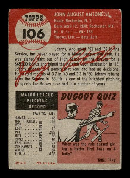 1953 Topps #106 John Antonelli Boston Braves Crease HOF-10006391