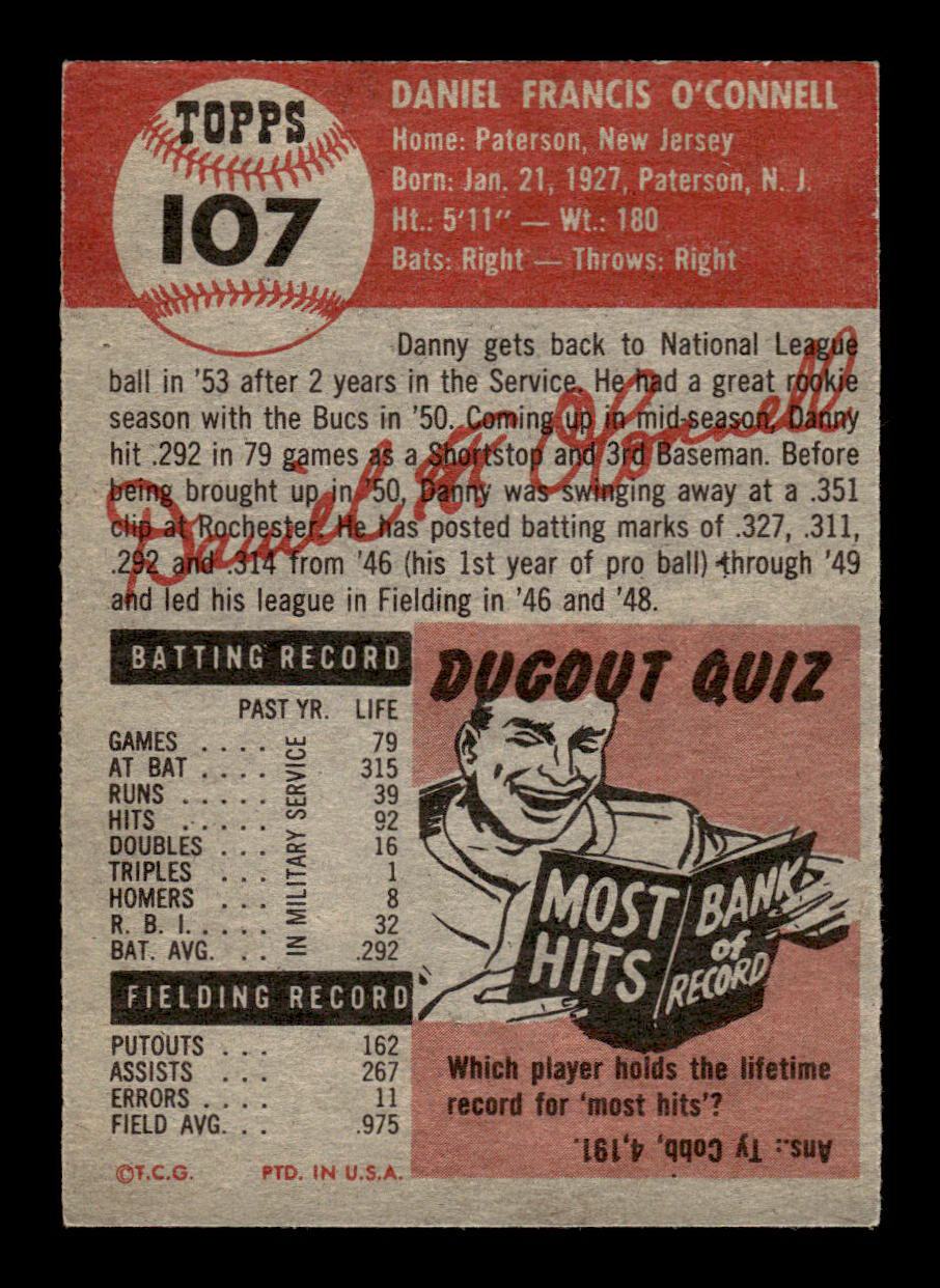 1953 Topps #107 Danny O'Connell Pittsburgh Pirates Wrinkle EX HOF-10006392