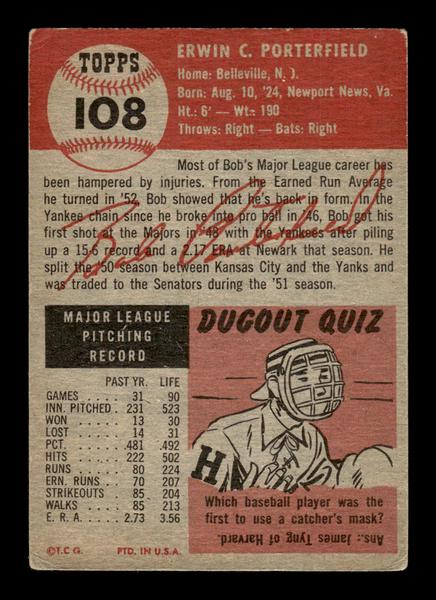 1953 Topps #108 Bob Porterfield Senators Crease Free VGEX HOF-10006393