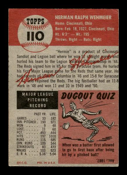 1953 Topps #110 Herman Wehmeier Cincinnati Reds Crease Free EX HOF-10006395