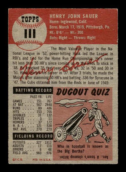 1953 Topps #111 Hank Sauer Chicago Cubs Crease Free EX HOF-10006396