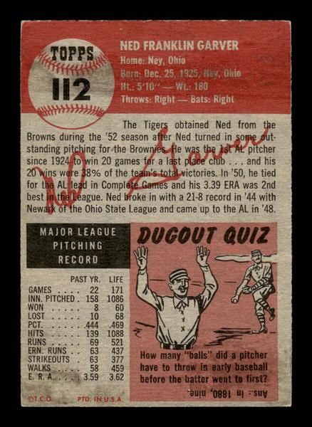 1953 Topps #112a Ned Garver Detroit Tigers Crease Free EX HOF-10006397