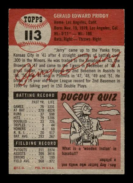 1953 Topps #113 Jerry Priddy Detroit Tigers Crease Free EX HOF-10006398