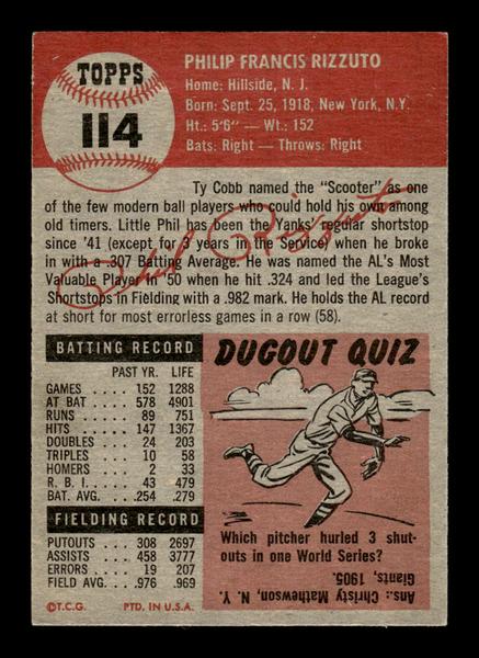 1953 Topps #114 Phil Rizzuto New York Yankees Crease Free EXMT HOF-10006399