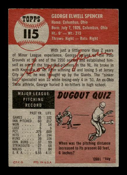 1953 Topps #115 George Spencer New York Giants Crease Free EX HOF-10006400