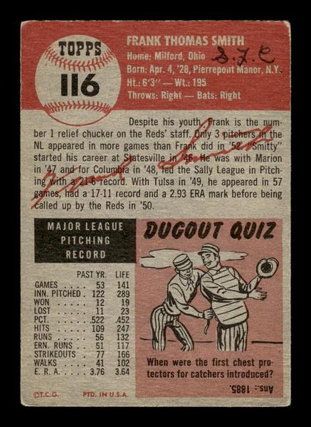 1953 Topps #116 Frank Smith Cincinnati Reds MK Back HOF-10006401