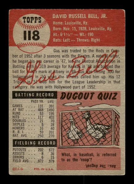 1953 Topps #118 Gus Bell Cincinnati Reds Crease Free VG crease HOF-10006403