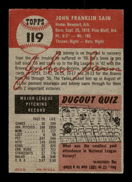 1953 Topps #119 Johnny Sain New York Yankees Crease Free EX HOF-10006404