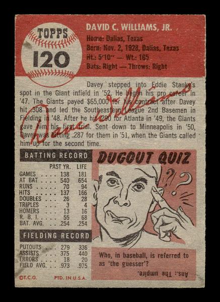 1953 Topps #120 Davey Williams New York Giants VGEX HOF-10006405