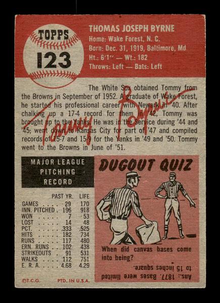 1953 Topps #123 Tommy Byrne Chicago White Sox Crease Free EX HOF-10006408