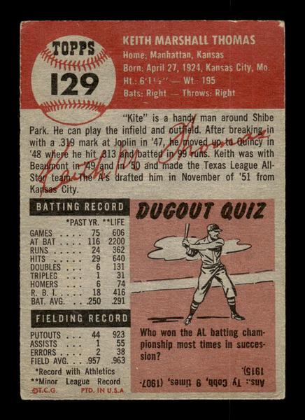 1953 Topps #129 Keith Thomas Philadelphia Athletics Crease Free EX HOF-10006414