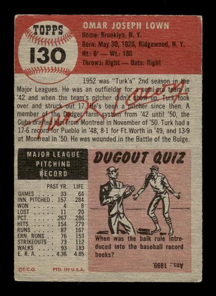 1953 Topps #130 Turk Lown Chicago Cubs Crease Free VGEX HOF-10006415