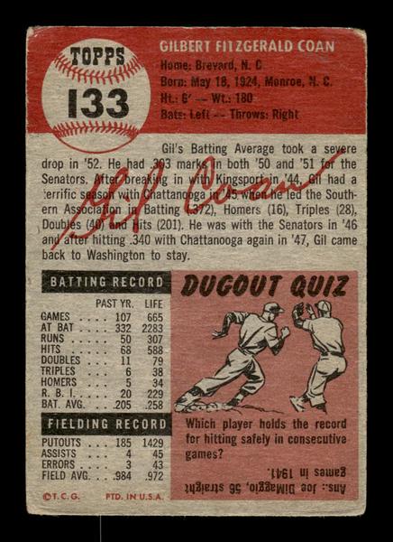 1953 Topps #133 Gil Coan Washington Senators Crease VGEX HOF-10006418