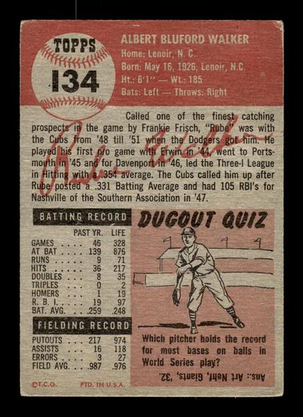 1953 Topps #134 Rube Walker Brooklyn Dodgers VGEX HOF-10006419