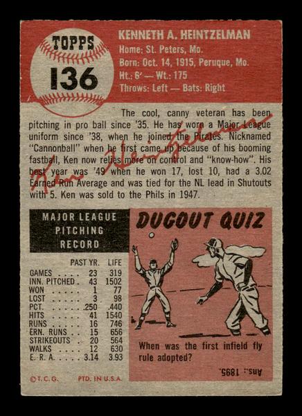 1953 Topps #136 Ken Heintzelman Phillies Crease Free EX HOF-10006421