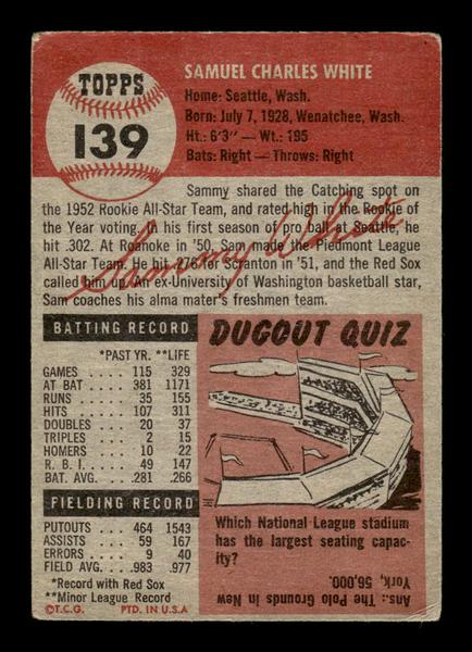 1953 Topps #139 Sammy White Boston Red Sox VGEX HOF-10006424