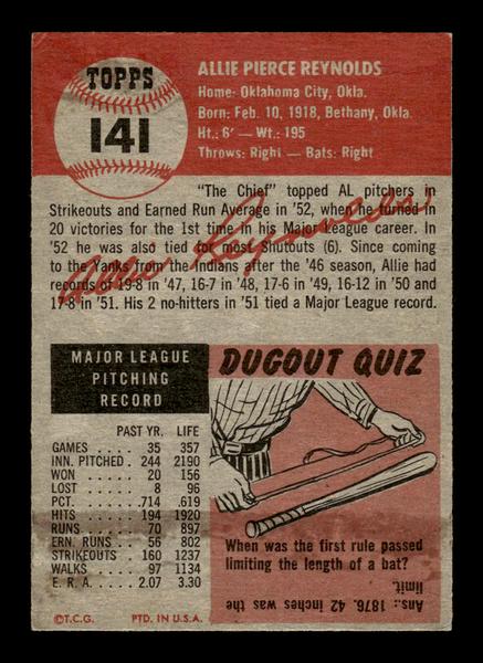 1953 Topps #141 Allie Reynolds New York Yankees Crease Free EX HOF-10006426