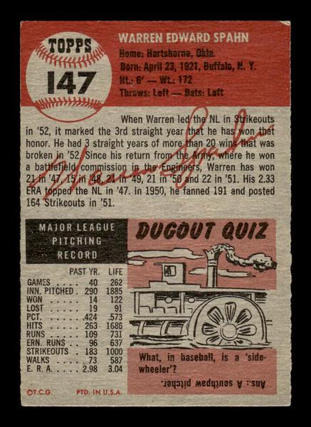 1953 Topps #147 Warren Spahn Boston Braves Crease Free EX HOF-10006432
