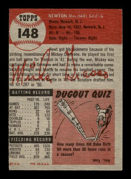 1953 Topps #148 Mickey Grasso Washington Senators Crease Free EX HOF-10006433