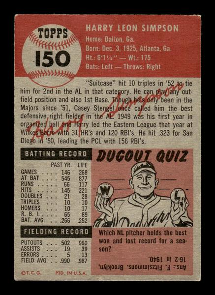 1953 Topps #150 Harry Simpson Cleveland Indians Crease Free EX HOF-10006435