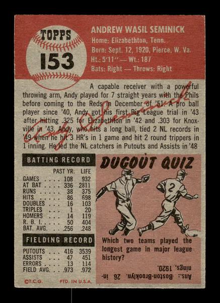1953 Topps #153 Andy Seminick Cincinnati Reds VGEX HOF-10006438