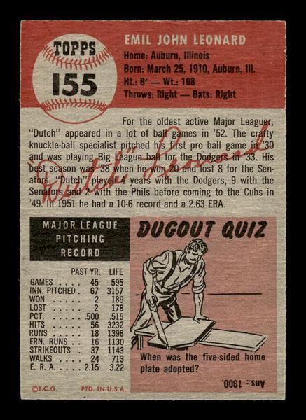 1953 Topps #155 Dutch Leonard Chicago Cubs Crease Free EX HOF-10006440