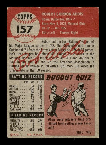 1953 Topps #157 Bob Addis Chicago Cubs VG HOF-10006442
