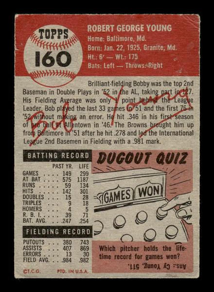 1953 Topps #160 Bobby Young St. Louis Browns VG HOF-10006445