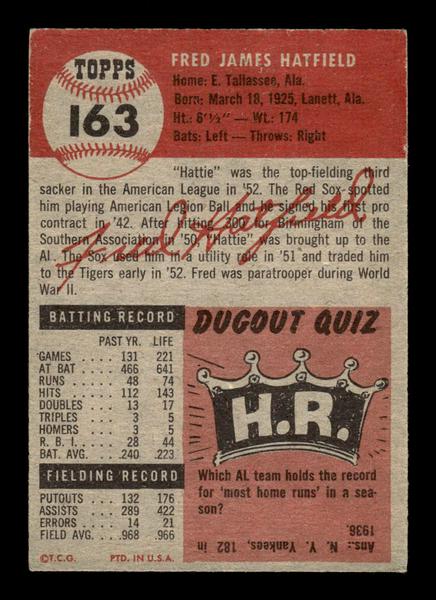 1953 Topps #163 Fred Hatfield Detroit Tigers Crease Free EX HOF-10006448