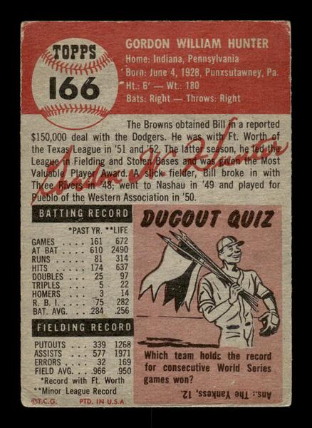1953 Topps #166 Billy Hunter St. Louis Browns Crease Free VGEX HOF-10006451