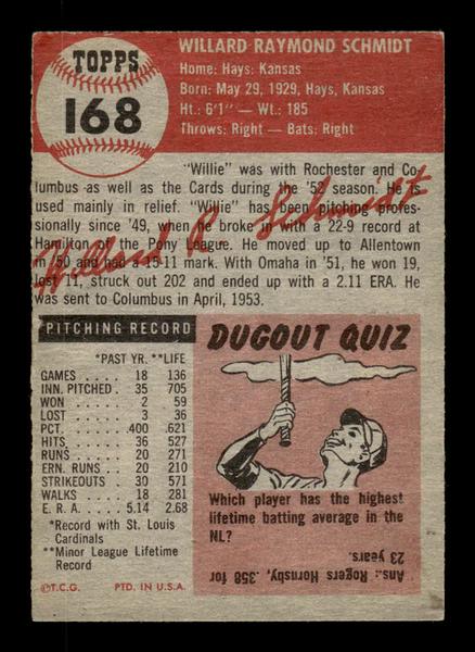 1953 Topps #168 Willard Schmidt St. Louis Cardinals Crease Free EX HOF-10006453