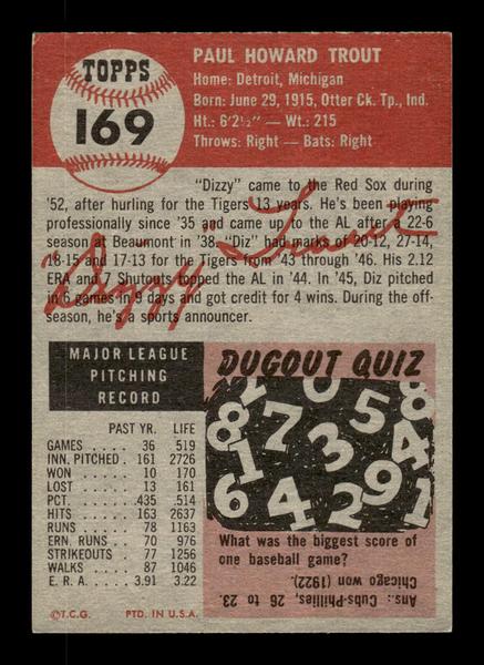 1953 Topps #169 Dizzy Trout Boston Red Sox Crease Free EX HOF-10006454