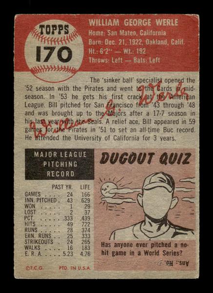 1953 Topps #170 Bill Werle Boston Red Sox MK filler HOF-10006455