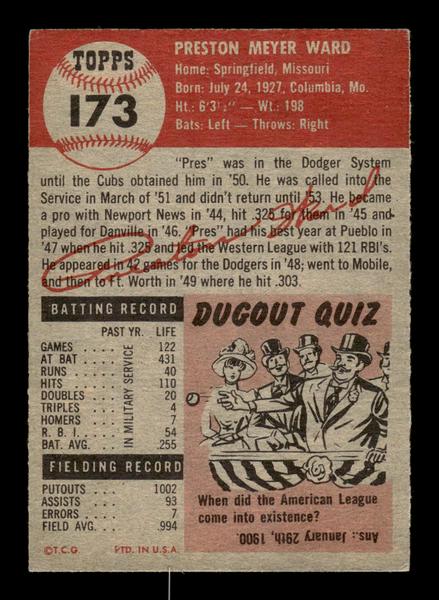 1953 Topps #173 Preston Ward Chicago Cubs Crease Free EX HOF-10006458