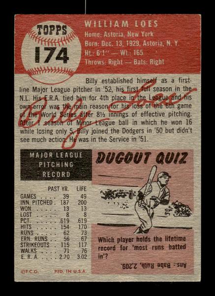 1953 Topps #174 Billy Loes Brooklyn Dodgers Crease Free VGEX HOF-10006459