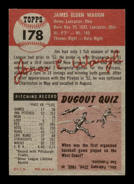 1953 Topps #178 Jim Waugh Pittsburgh Pirates Crease Free EXMT HOF-10006463