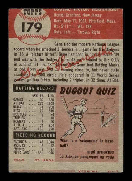 1953 Topps #179 Gene Hermanski Chicago Cubs Crease Free EX HOF-10006464