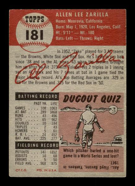 1953 Topps #181 Al Zarilla Boston Red Sox Crease Free VG HOF-10006466