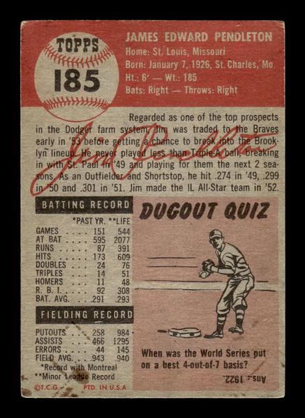 1953 Topps #185 Jim Pendleton Milwaukee Braves VGEX HOF-10006470