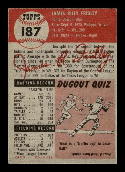 1953 Topps #187 Jim Fridley Cleveland Indians Crease Free EX HOF-10006472