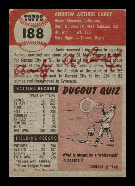 1953 Topps #188 Andy Carey New York Yankees EX HOF-10006473