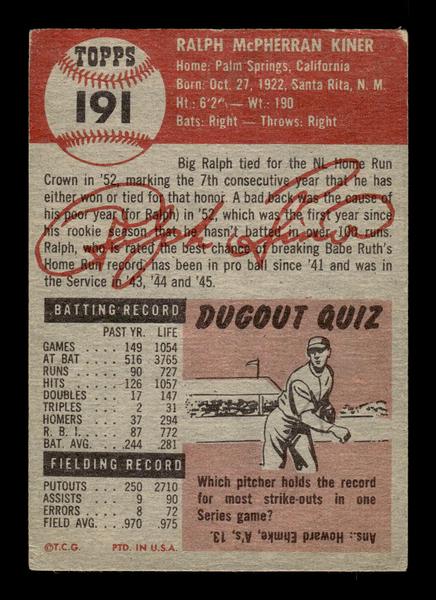 1953 Topps #191 Ralph Kiner Pittsburgh Pirates Crease Free VGEX HOF-10006476