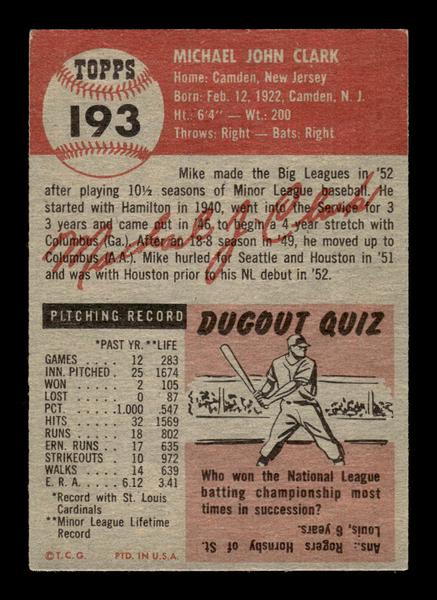 1953 Topps #193 Mike Clark St. Louis Cardinals Crease Free EX HOF-10006478